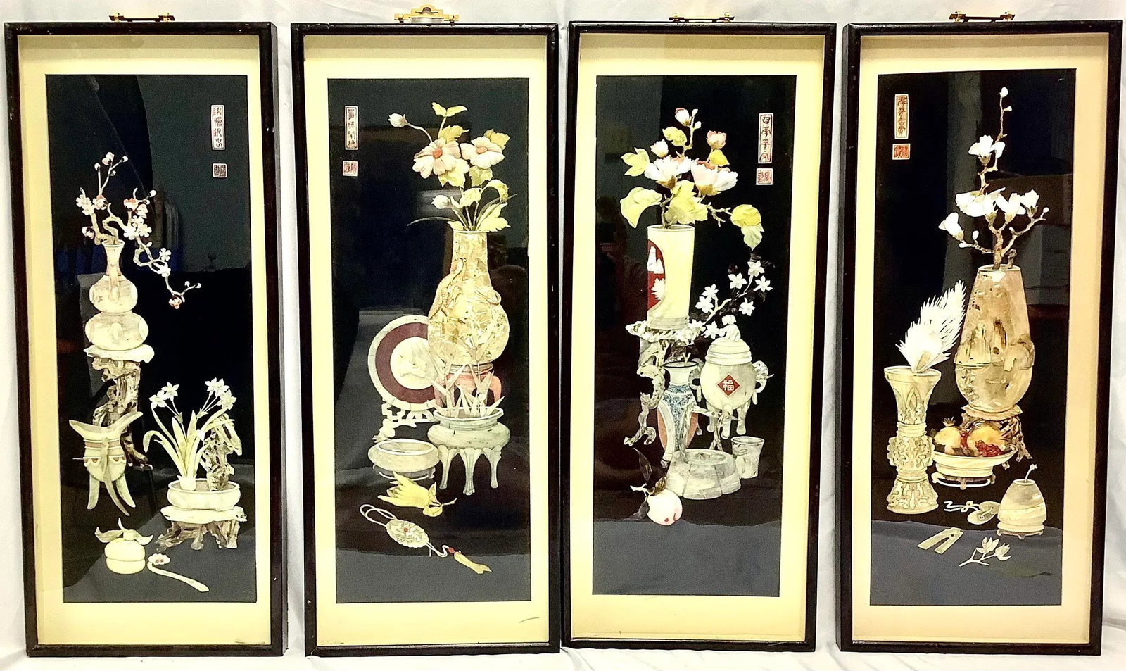Vintage Chinese Shadowboxes With 3d Abalone Shell Art, Set of Four - 2