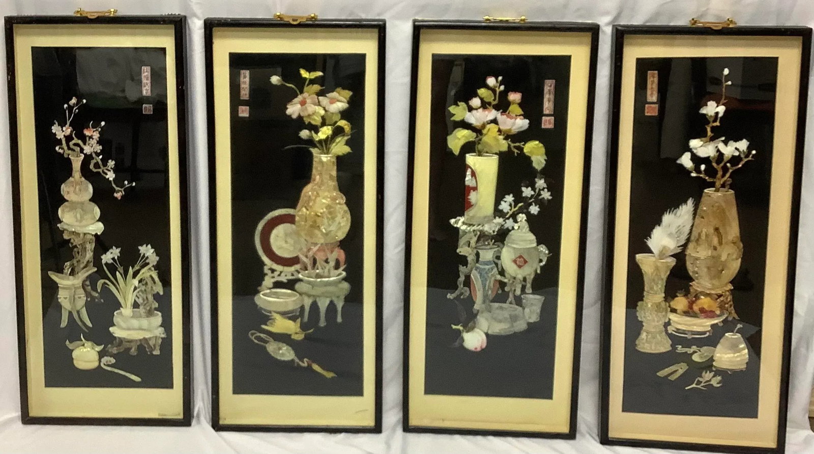 Vintage Chinese Shadowboxes With 3d Abalone Shell Art, Set of Four - 7