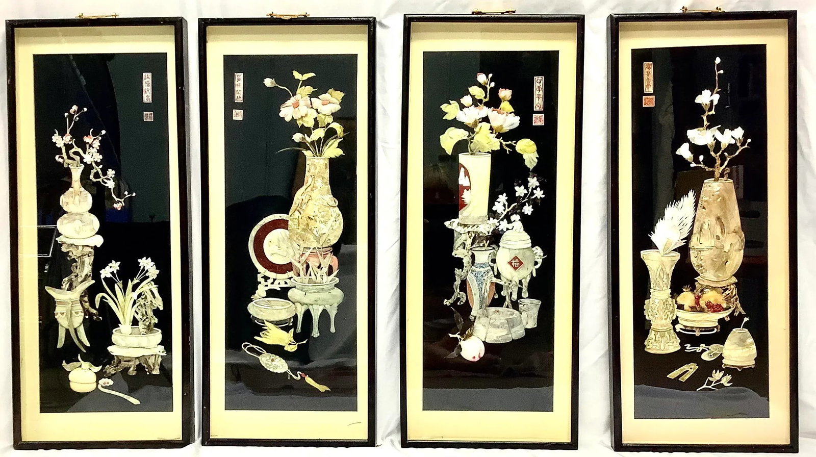 Vintage Chinese Shadowboxes With 3d Abalone Shell Art, Set of Four - 8