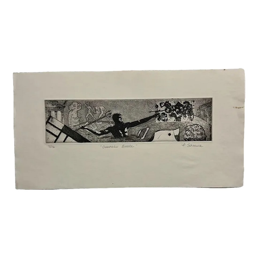 Aesthetic Battle 7/16 Signed P. Schaewe Print Artwork on Paper: AMBIANIC presents Aesthetic Battle 7/16 signed P. Schaewe Artwork on Paper Signed art Preowned unrestored vintage condition. Stain right side 15.75 x 8 art 11.5 x 3 Review all images Condition: Altera