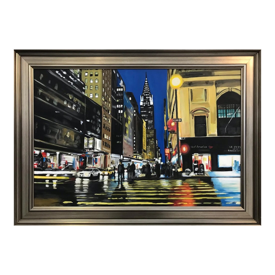 Painting of Chrysler Building New York City by Collectible British Urban Artist: Original Painting of the Chrysler Building, New York City, by British Urban Landscape Artist, Angela Wakefield. Art measures 36 x 24 inches Frame measures 43 x 31 inches Angela Wakefield has twice