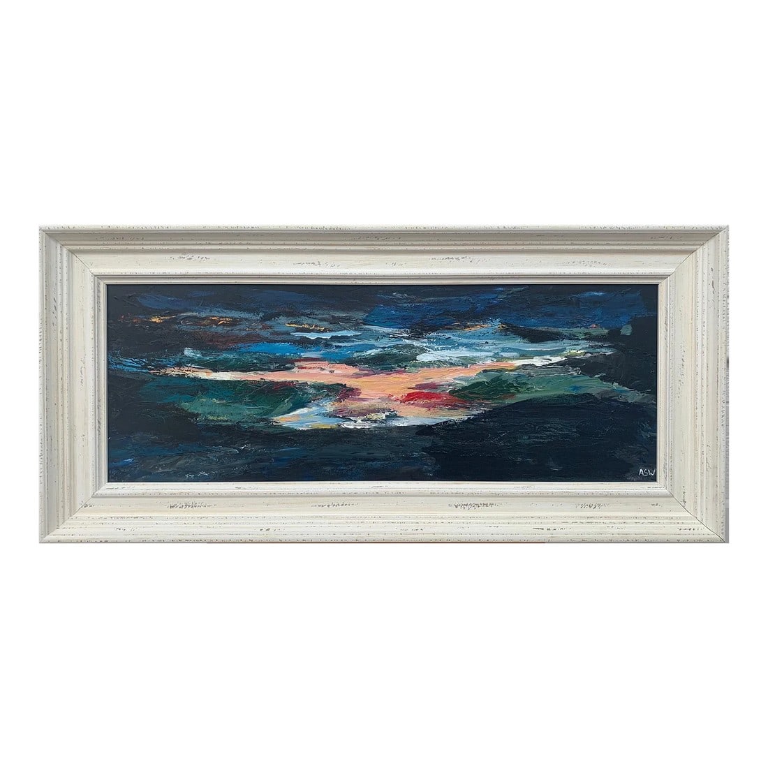 Dark Panoramic Expressive Abstract Mountain Landscape Contemporary British Art: Dark Panoramic Expressive Abstract Mountain Landscape by Contemporary British Artist, Angela Wakefield. Art measures 31.5 x 12 inches Frame measures 37.5 x 18 inches Angela Wakefield has twice been on
