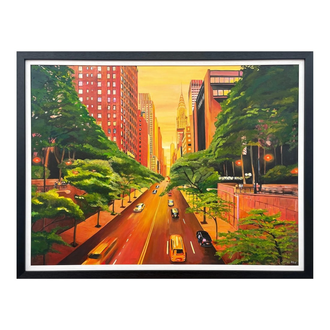 The Chrysler Building 42nd Street New York City - Unique Original Art by Contemporary British Artist: Original Painting of The Chrysler Building on 42nd Street New York City by Contemporary British Artist Angela Wakefield. The warm yellow colours used in the sky creates a vivid contrast with the lush