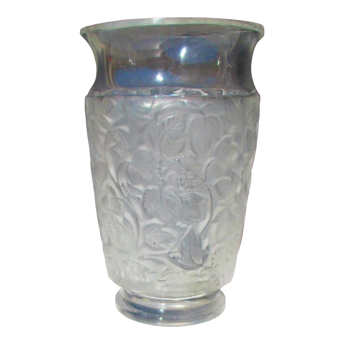 Lalique Crystal Deauville Vase Circa 1950s': Vintage Lalique Crystal Deauville vase. Created in the 1940s'. The size is 6" tall and 3.75" in diameter. The pattern in raised relief is foliage leaves and berries in Art Deco design on a frosted bod