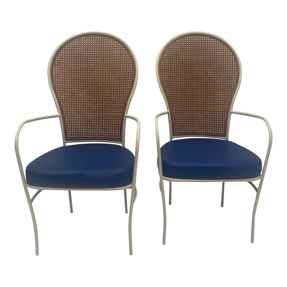 Mid-Century Milo Baughman for Thayer Coggin Iron & Caned Armchairs -A Pair: Cool Mid-Century Modern pair of Milo Baughman armchairs having painted white iron frame with handsome caned backs and original blue vinyl seats. Arms are thin and elegant as are the legs. Arm height 2