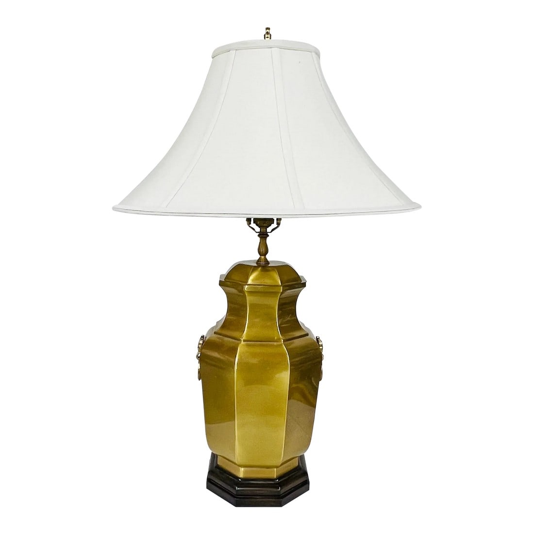 Wildwood Brushed Bright Brass Lamp With Round Knockers, Includes Shade: Wildwood octagon brushed brass lamp with round brass knockers. Measurements for lamp are 30" high to top of harp, 22" high to top of socket, 9.5" diameter. Accommodates a 3 way bulb. Condition: