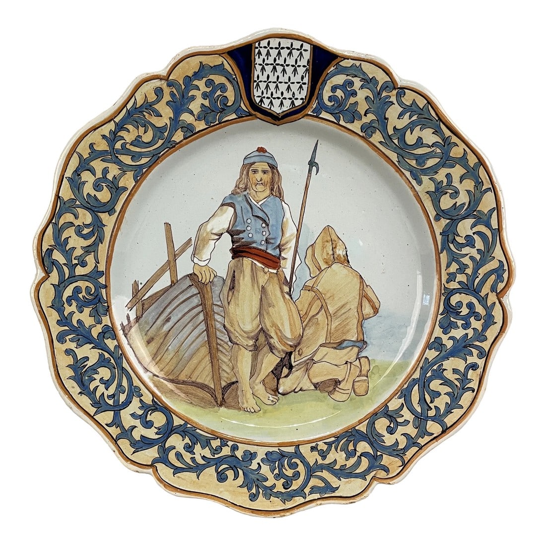 French Faience Quimper Plate Fisherman Scene: A good 1950's French Quimper Faience plate depicting two fishermen, with soft color. In good condition with minor wear. 9.25" diameter 0.75" high Shipping and Handling $40.- #SMDC 55 Please our