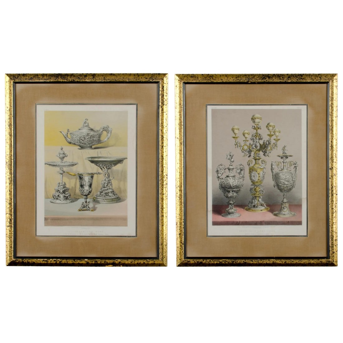 Silversmith's Work & Group of Silver Vases, Antique Prints - A Pair: J.B. Waring, Silversmith's Work and Group of Silver Vases . Two framed antique chromolithographs published in London in 1863 for Masterpieces of Industrial Art and Sculpture at the Great Exhibition. S