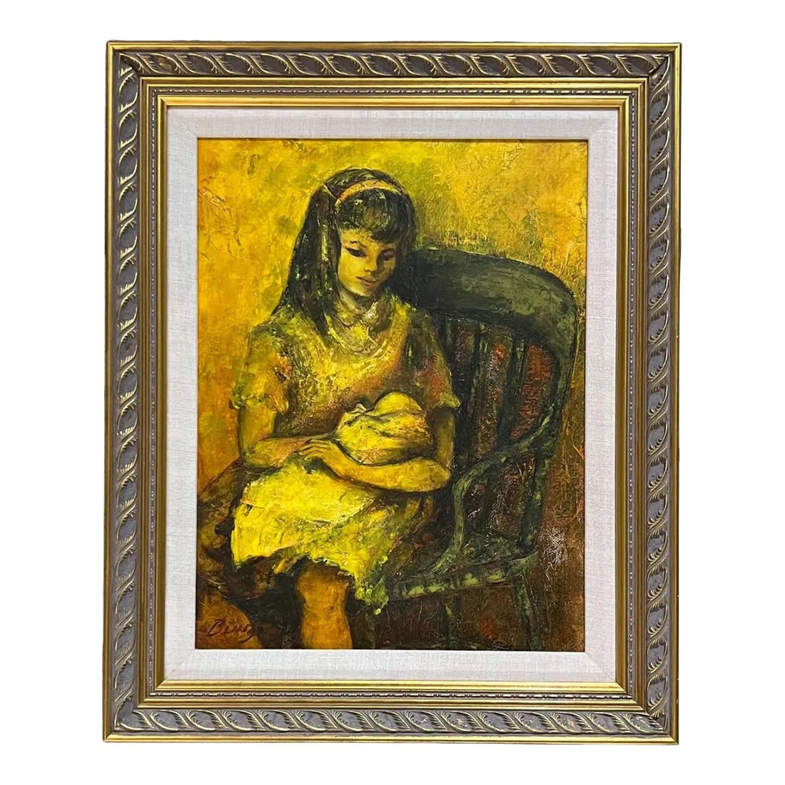 1960s Oil Painting Young Mother and Child Signed Art: AMBIANIC presents Vintage Artwork Painting Young Mother with Baby Framed and Signed Frame 23.25 tall x 19.5 w x 1.5 d Art 17.5 tall x 13.25 In the artistic style of Robert Philipp. Signed art bottom l