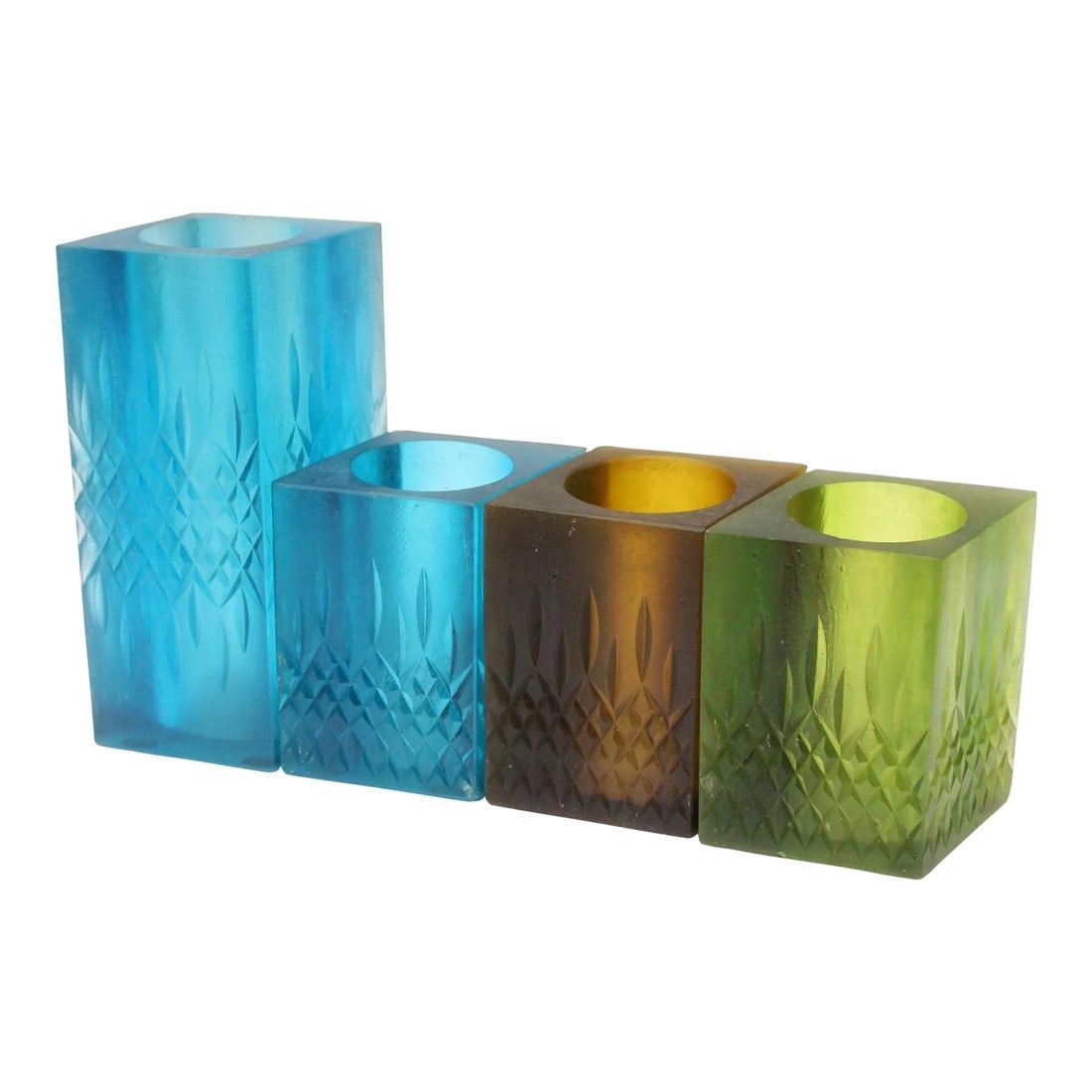 Mid-Century Modern Sascha Brastoff Cast Resin Vases / Candle Holders - Set of 4: Uncommon examples from Sascha Brastoff, most notable for enamel works, this set of four diamond-shaped vases/candle holders are as functional as they are beautiful. Three smaller holders in green, amb