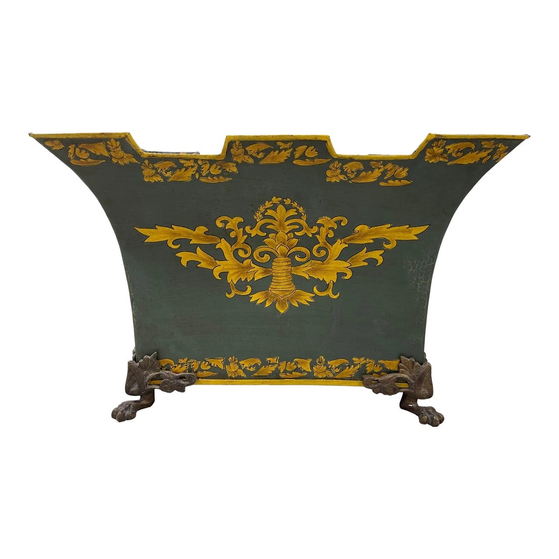 Vintage Italian Tole Planter W/ Lion Pulls: A vintage Italian tole planter or Jardiniere. Having gilt decoration to body, paw feet and lion head handles. Condition: Alterations: Original Condition Unaltered Imperfections: Some Imperfections