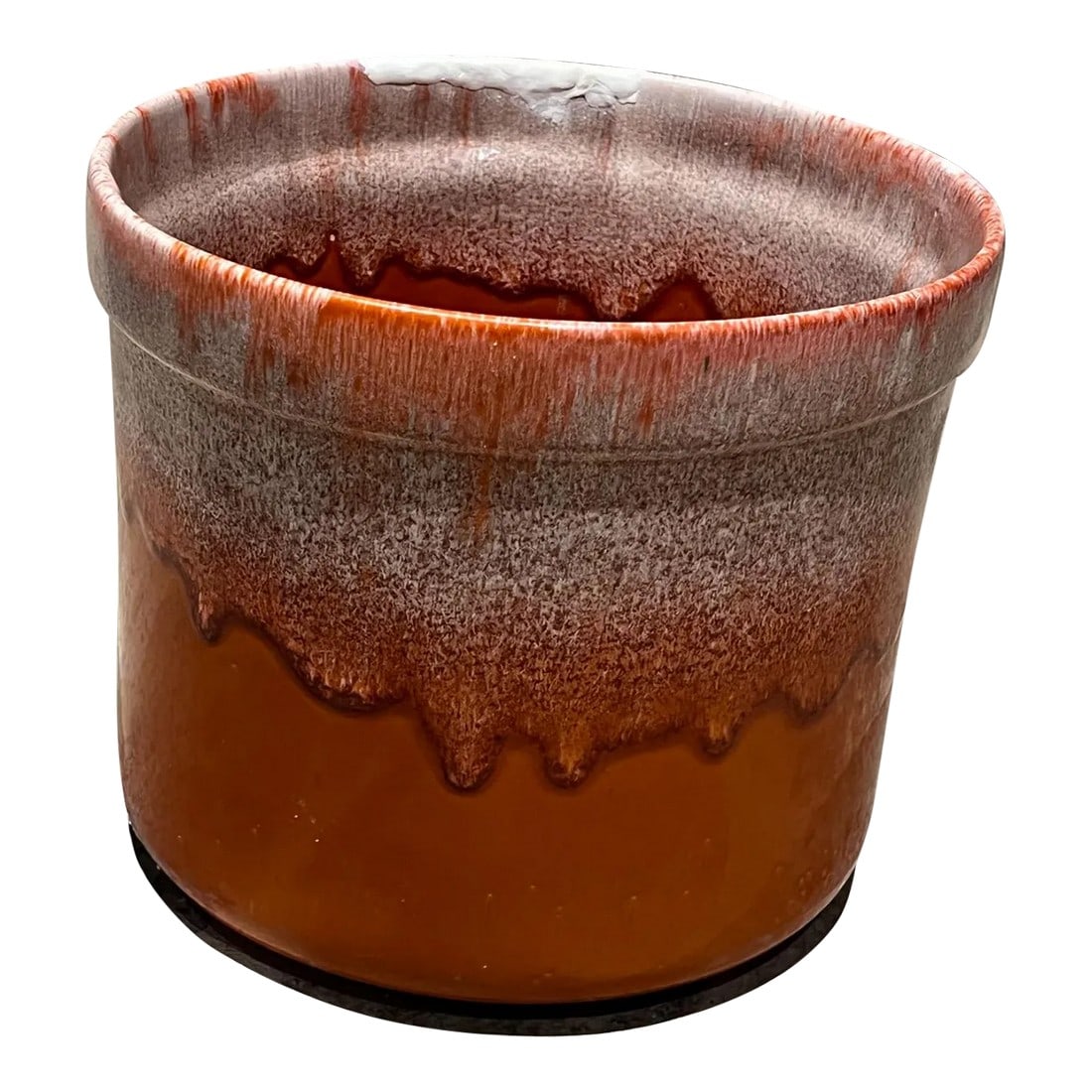 1960s Architectural Pottery Orange Drip Glaze Planter: AMBIANIC presents 1960s Orange Drip Glaze planter Pot California 8 tall x 9.75 diameter Planter garden patio home In the Style of David Cressey Original preowned unrestored vintage condition. Wear is