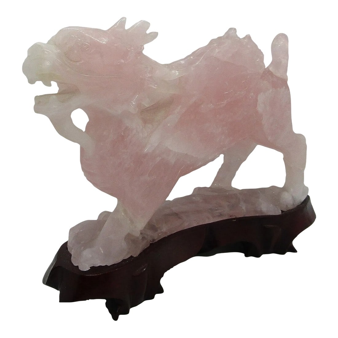 Antique Qing Dynasty Chinese Carved Pink Jade Standing Winged Dragon Sculpture: Qing Dynasty Chinese Carved Pink Jade 9" Long Standing Winged Dragon Sculpture Measures 9" long, 2" wide and 6 3/4" tall0. A magnificent Chinese carved pink jade dragon sculpture, resting on fitted