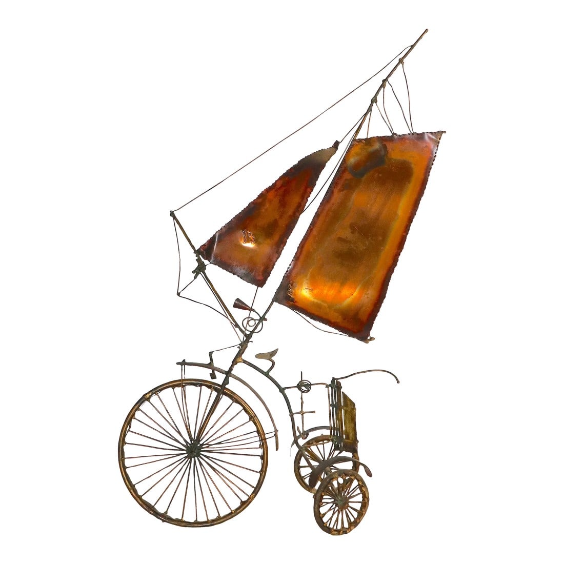 Brutalist Metal Tricycle With Sails Freestanding Sculpture Signed Illegibly, After Jere Circa 1970's: Freestanding desktop scale tricycle, with unusual sails, in the Brutalist style, circa 1970's, signed illegibly. The sculpture is reminiscent of the work of Curtis Jere, made in the USA, circa