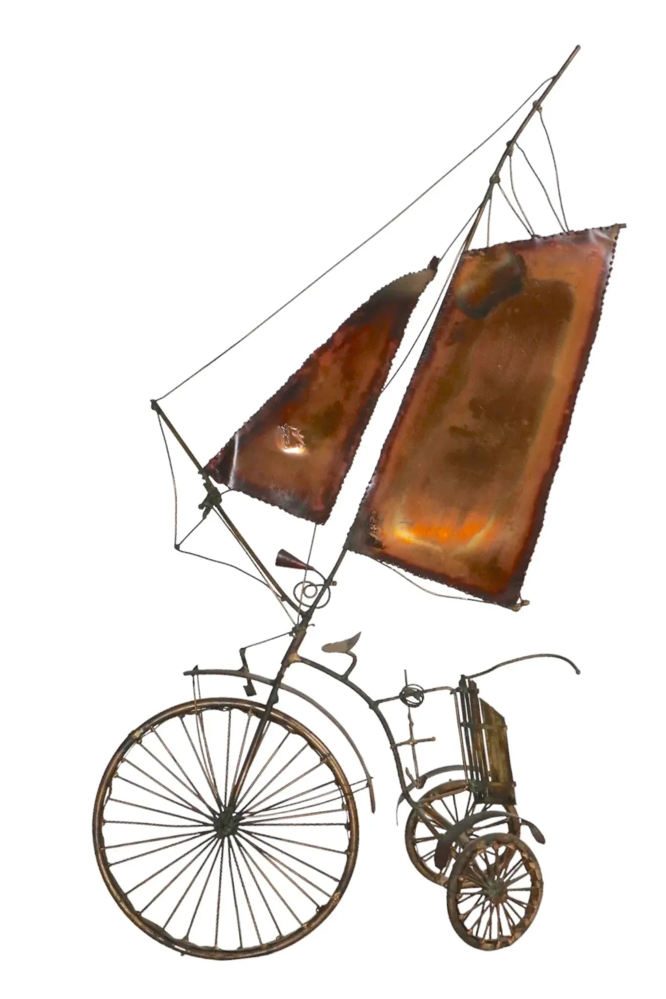 Brutalist Metal Tricycle With Sails Freestanding Sculpture Signed Illegibly, After Jere Circa 1970's - 2
