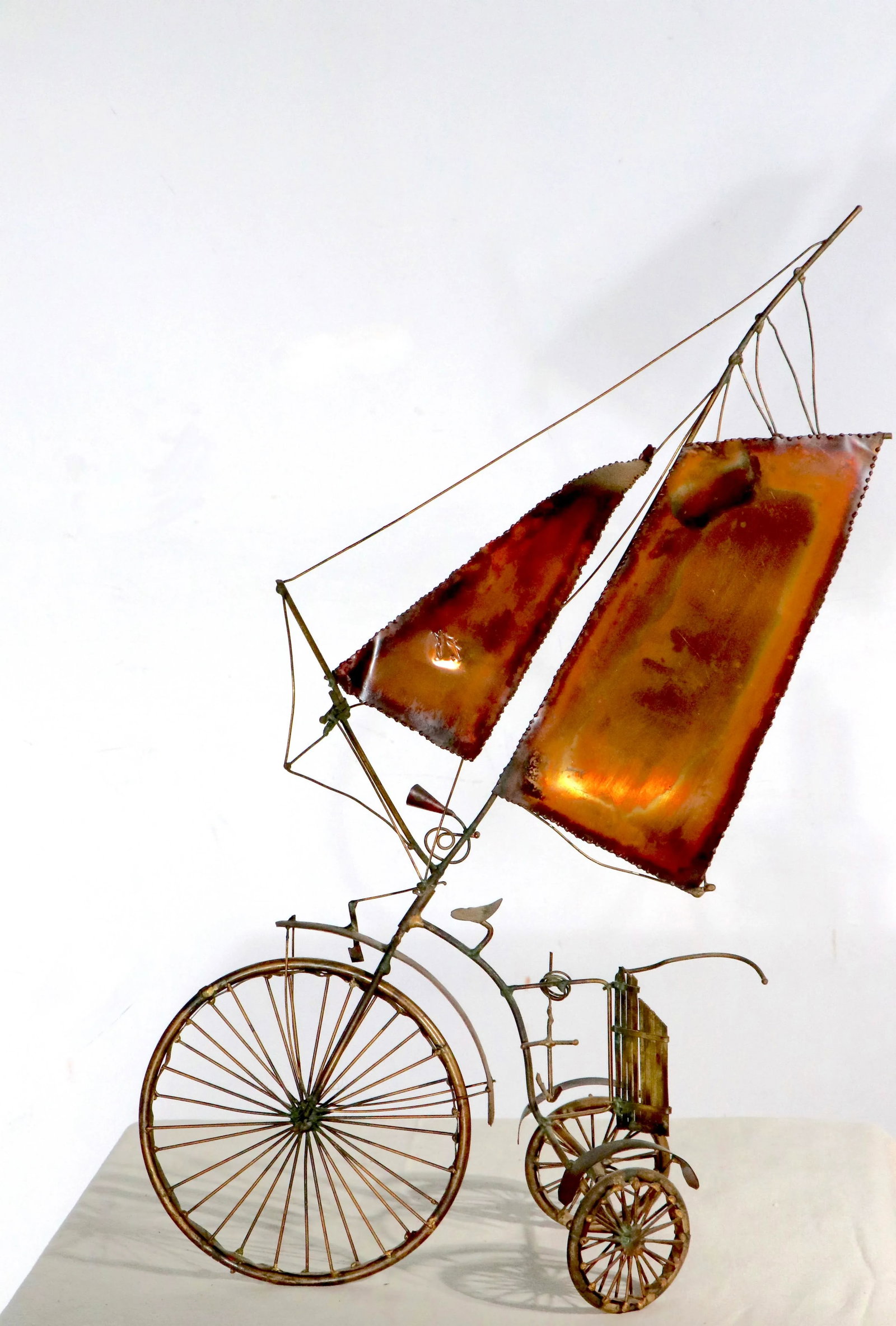 Brutalist Metal Tricycle With Sails Freestanding Sculpture Signed Illegibly, After Jere Circa 1970's - 7