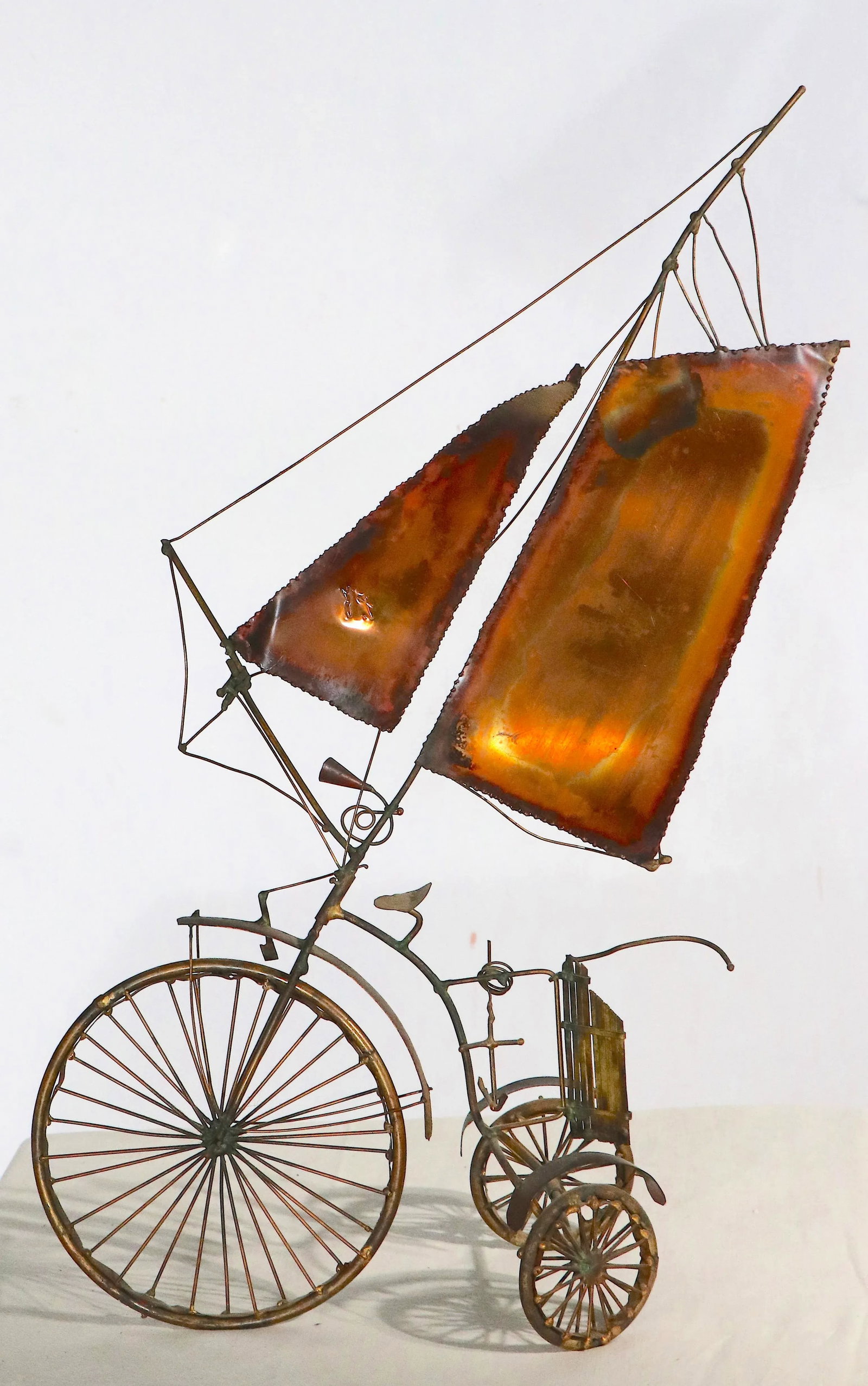 Brutalist Metal Tricycle With Sails Freestanding Sculpture Signed Illegibly, After Jere Circa 1970's - 9