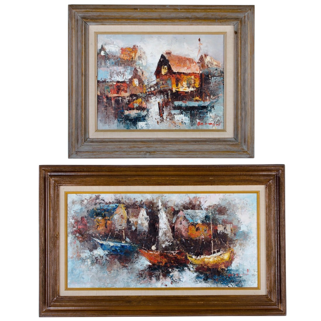 Mid Century Modern Abstract Boats in Harbor - A Pair: Offered is a pair of oil painting signed Barton.Â Â Painted in an impasto, abstract style, the imagery depicts coastal scenes of boats in a harbor. Painting 1Â Â (houses on water