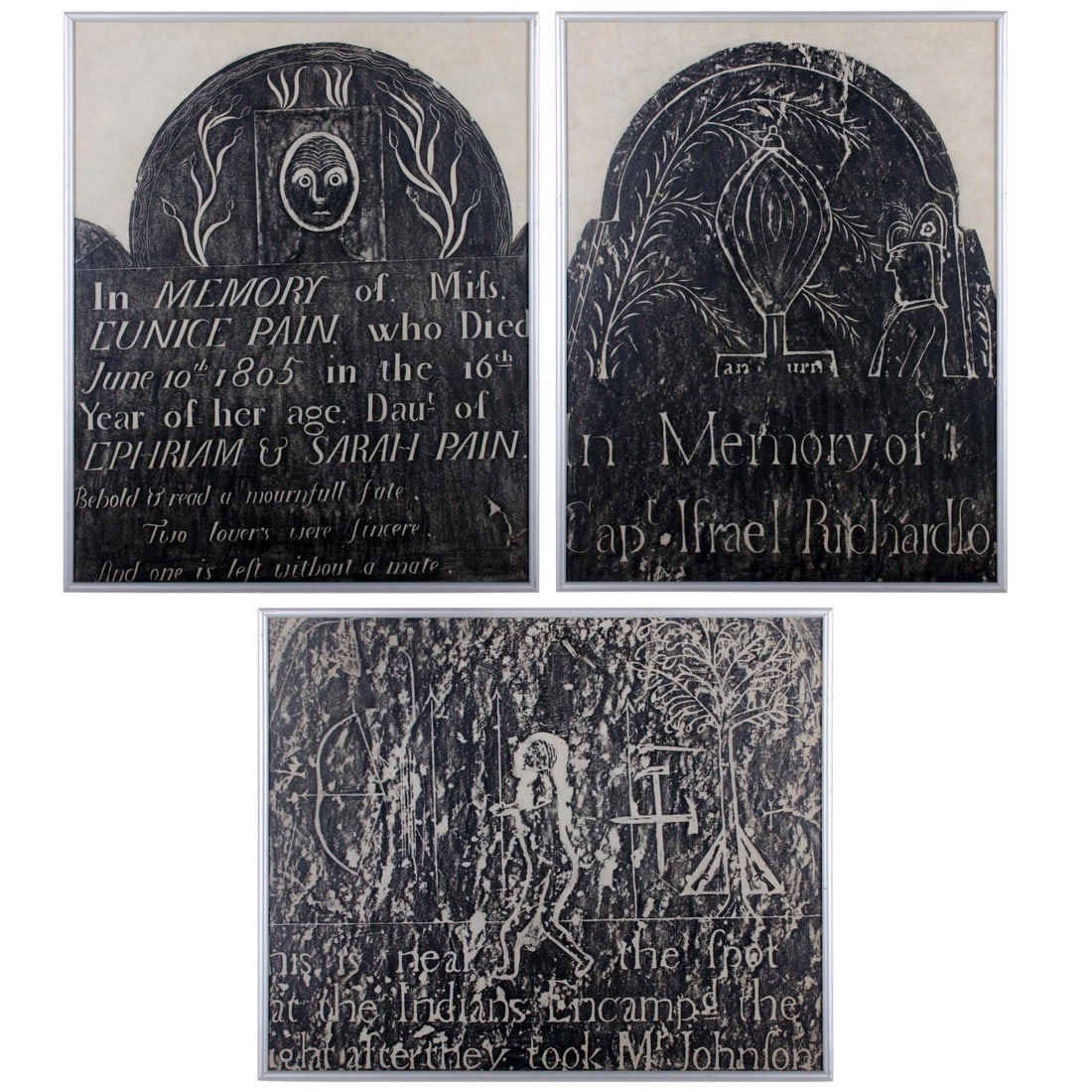 Early New England Gravestone and Marker Rubbings - Set of 3: Offered are three vintage framed early American granite marker rubbings from Vermont gravestones and an abduction stone marker. They stand apart for their early American folk art ornamentation and