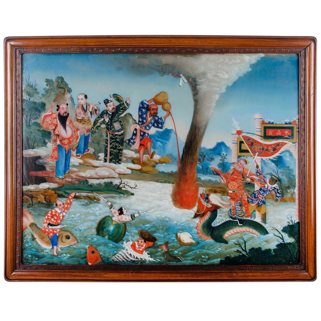 Chinese Reverse Glass Painting of the Eight Immortals: This reverse glass painting made around 1900 is a striking depiction of the battle between the Eight Immortals and the Dragon King of the East Sea from the popular tale. Four of the eight are
