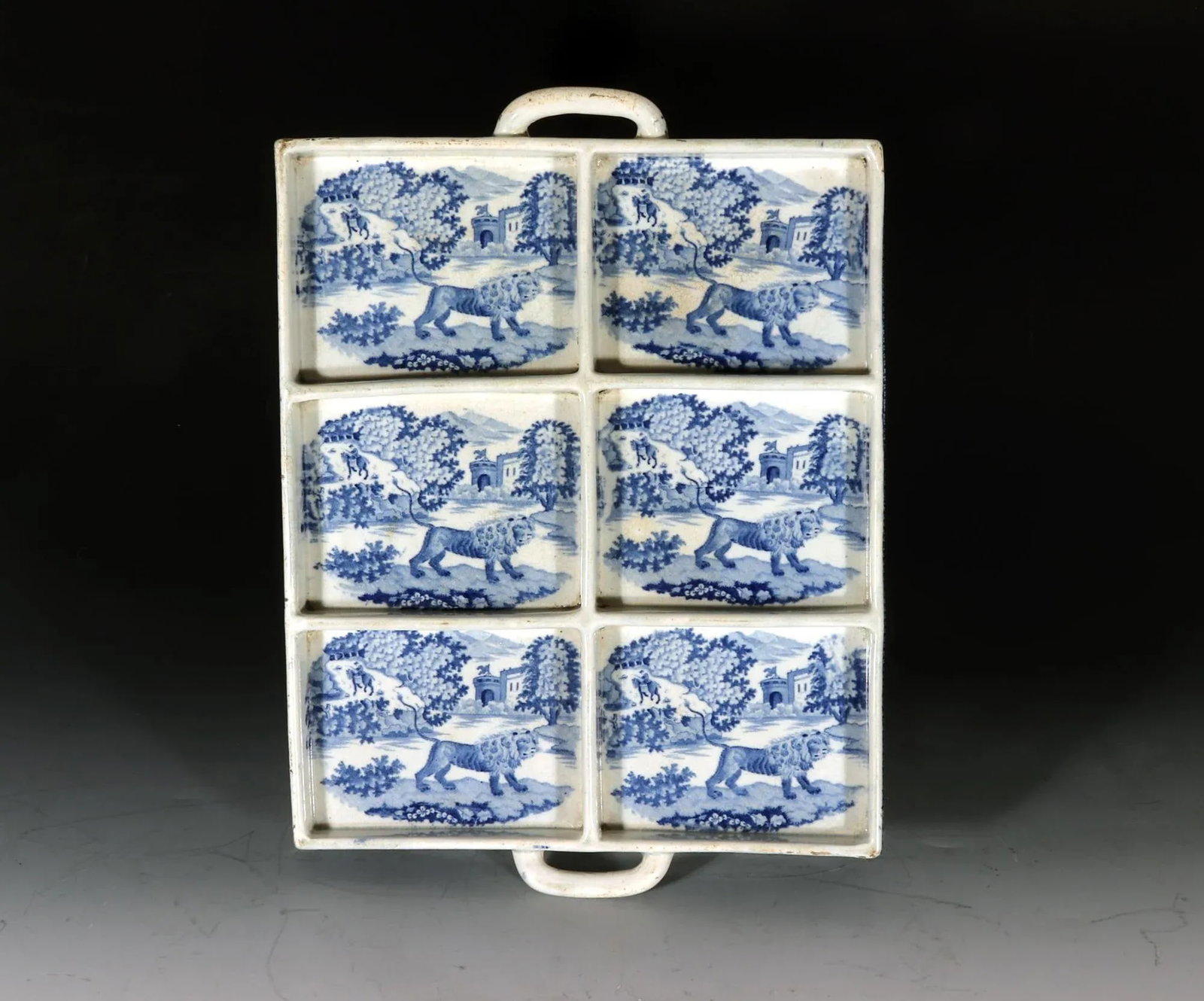 Large Pearlware Blue Printed Tray With the Angry Lion Pattern - 11