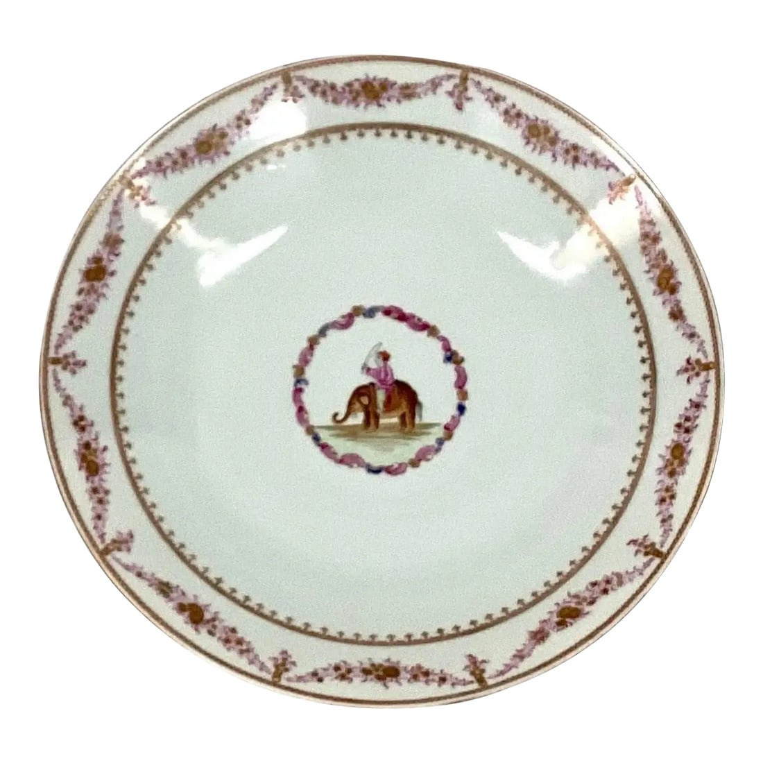 Large Chinese Export Famille Rose Porcelain Platter: Large 19th century Chinese Export famille rose porcelain platter. Qianlong Period, decorated with the figure of a mahout astride an elephant and flower sprays with gold rim. The theme of this lot