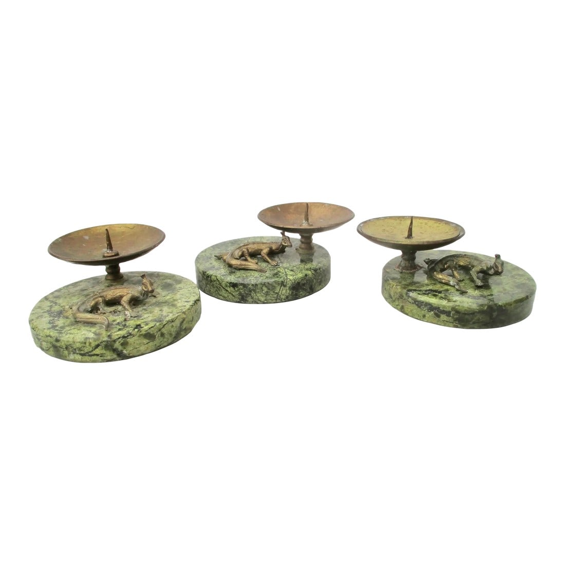 Set of Votive Candle Holders Circa 1980s': Set of three Votive candle spikes mounted on spotted green jasper stands. Charming little crowned lizards rest in the shadow of the candlelight. cast Brass stems and lizards. Vintage 1980s tabletop .f