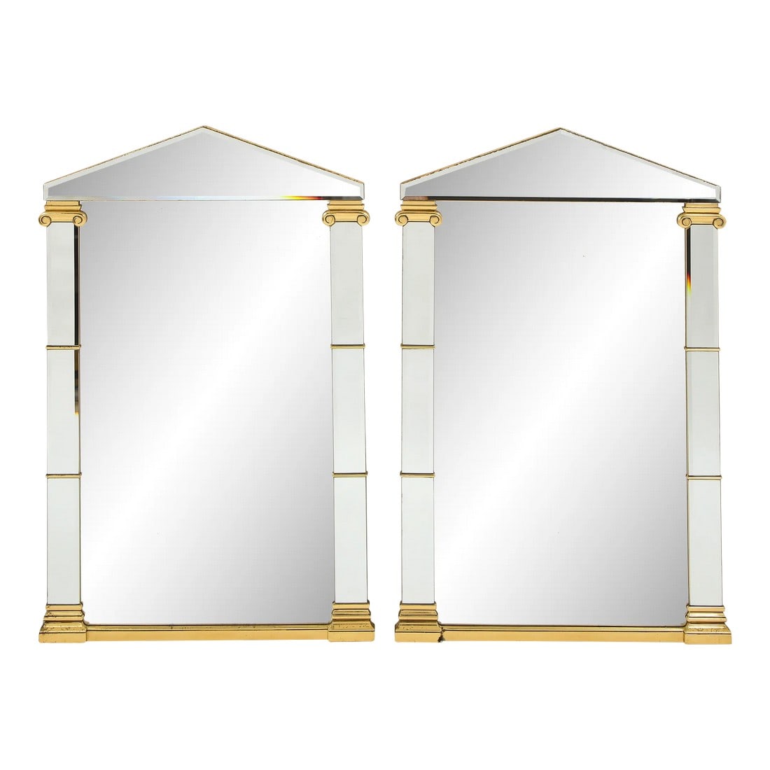 Pair of 20th Century French Neoclassical Mirrors With Gilt Accents: Pair of French 1980s Neoclassical Roman Temple shaped "Parclose" mirrors with gilt wood accents, in the style of Maison Romeo. In good vintage condition. Condition: Alterations: Original Condition