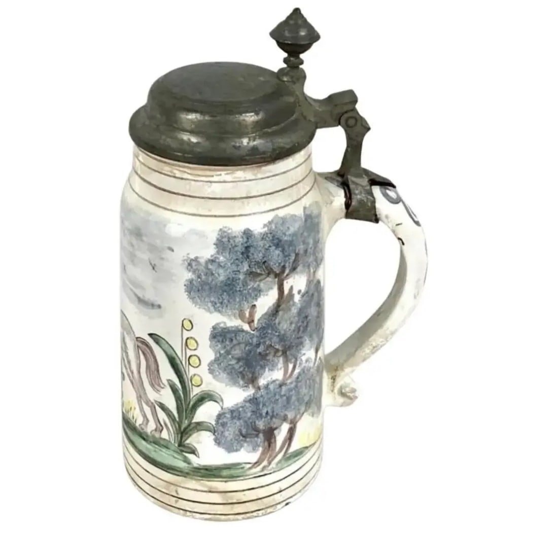19th Century German Faience Beer Stein With Handle and Lid - 10