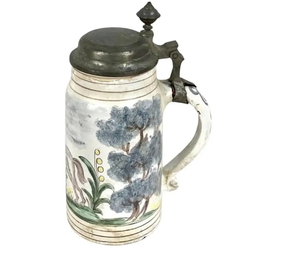 19th Century German Faience Beer Stein With Handle and Lid - 11