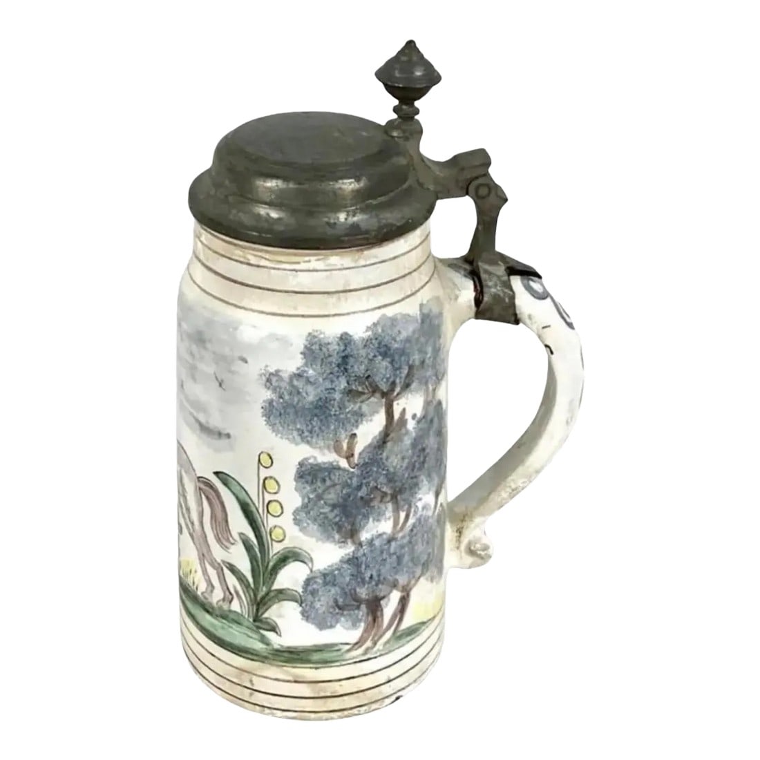 19th Century German Faience Beer Stein With Handle and Lid: Charming cylindrical German lidded faience beer stein with handle. Stein is white glazed faience pottery, with a colorful scene of a running horse in a beautiful pasture. The lid is pewter with a