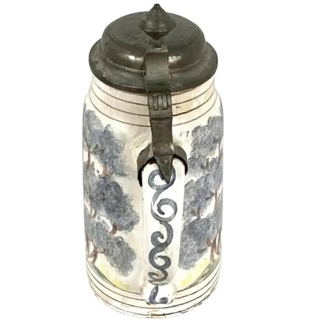 19th Century German Faience Beer Stein With Handle and Lid - 2