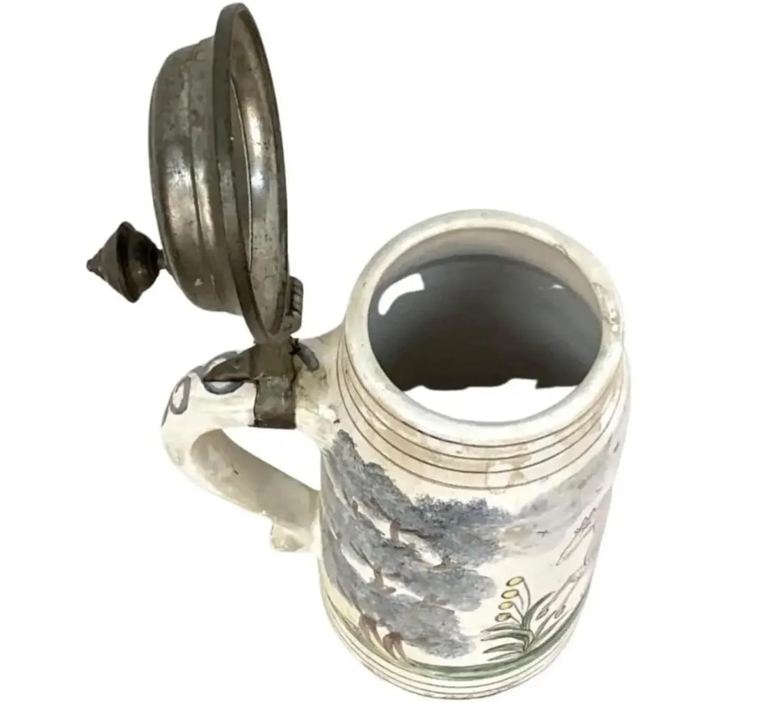 19th Century German Faience Beer Stein With Handle and Lid - 5
