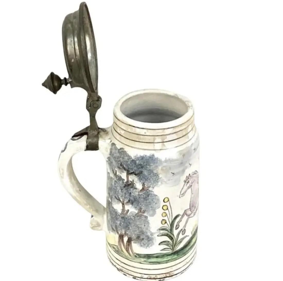 19th Century German Faience Beer Stein With Handle and Lid - 6