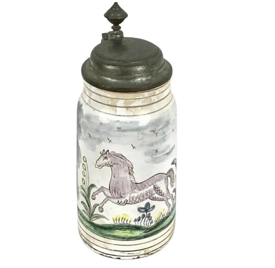 19th Century German Faience Beer Stein With Handle and Lid - 8