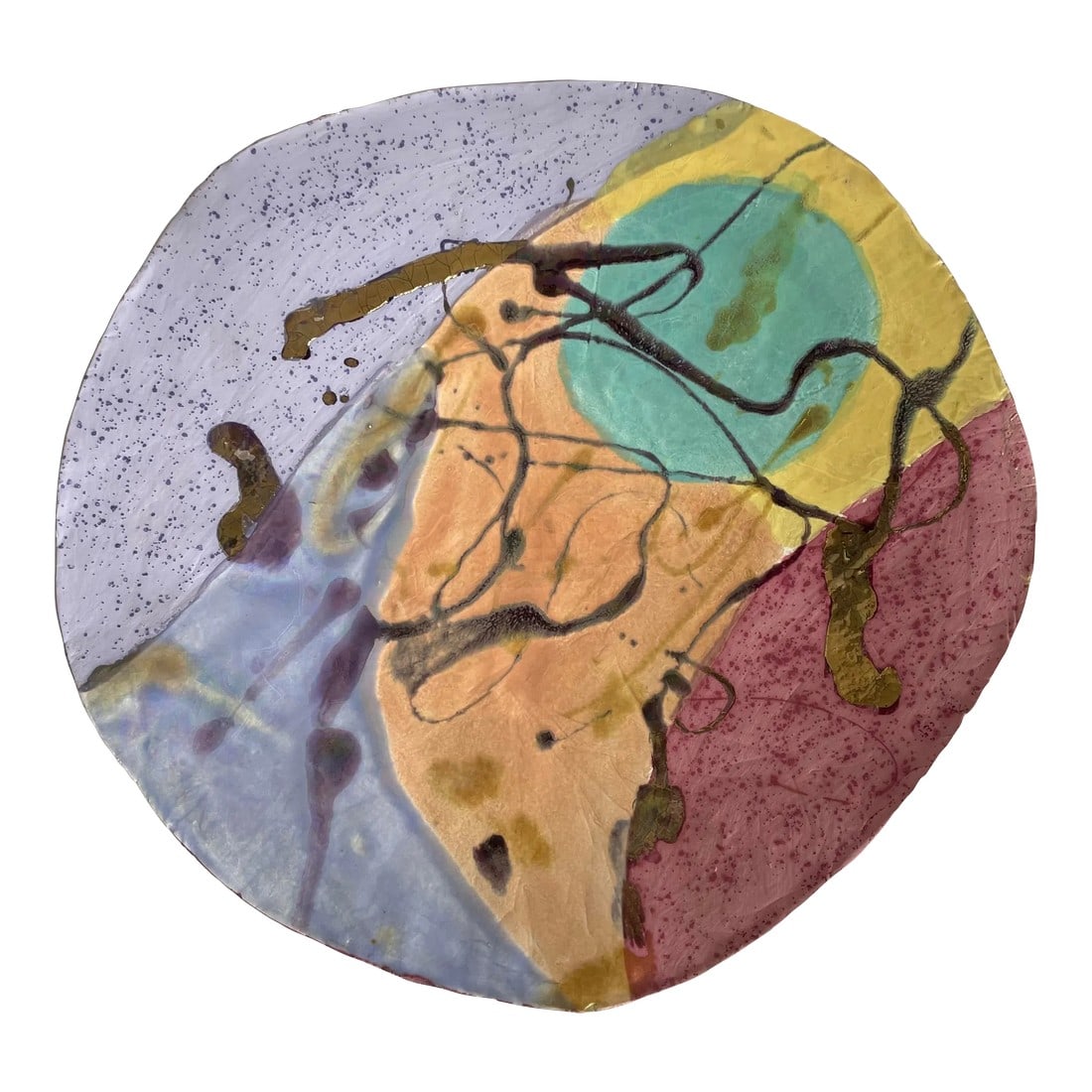 Postmodern Signed Original Wall Mount Ceramic Pottery Art: Here is a wonderful sculptural wall art piece that is circular in shape with a postmodern/modern sensibility. The piece is hand formed and hand-painted, so it has an organic feel combined y2k colors i