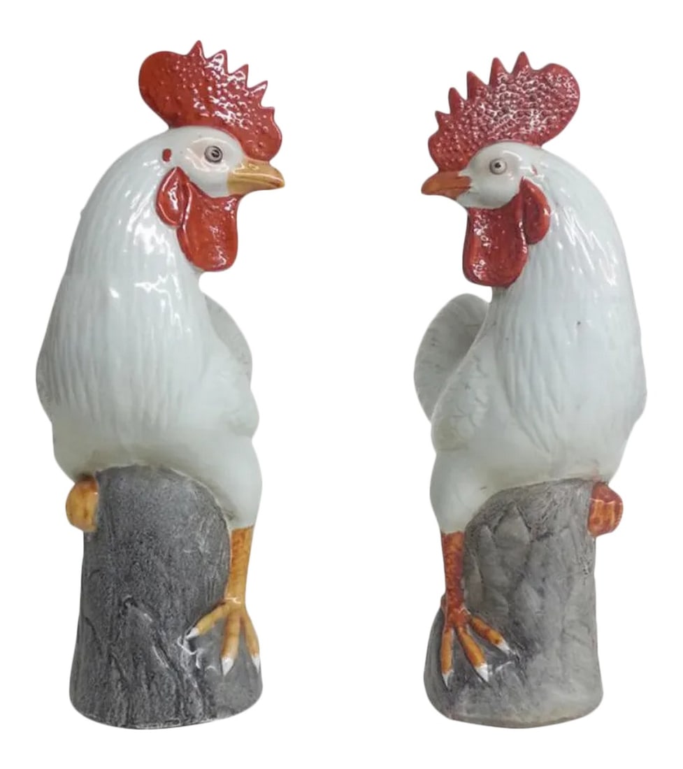 Vintage Chinese Decorative Roosters, Set of 2: Wake up the fun side of your style with this pair of Decorative Roosters. Perfect for the mantel or side table, these roosters are mirror images of one another, allowing you to pose them as playfully