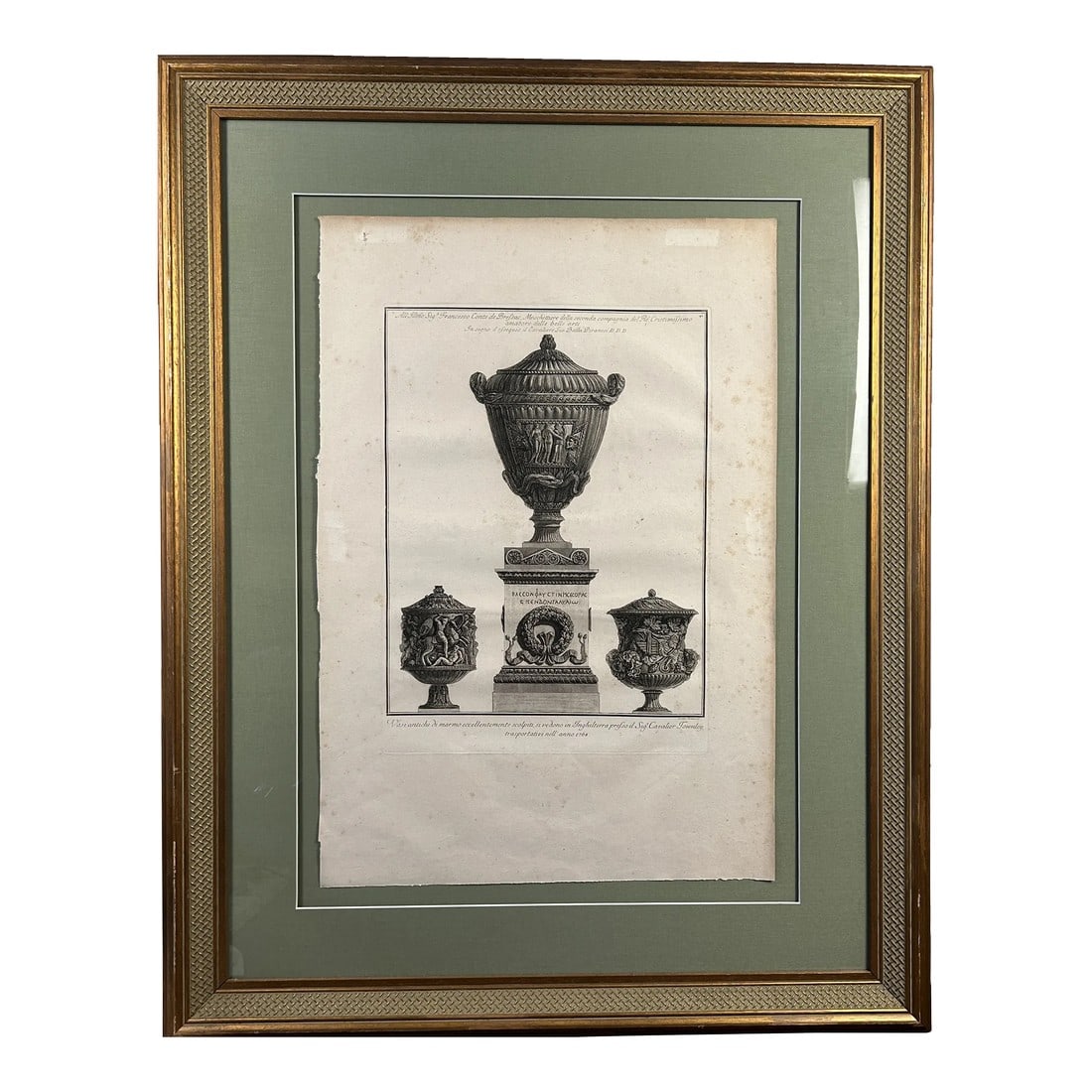 Framed Etching of Vases by Giovanni Piranesi: The dramatic large, almost 4 foot tall etching is framed with a green ground and gold double border with cream French matting. Copper-plate engraving by Italian artist Giovanni Piranesi (1720-1778).