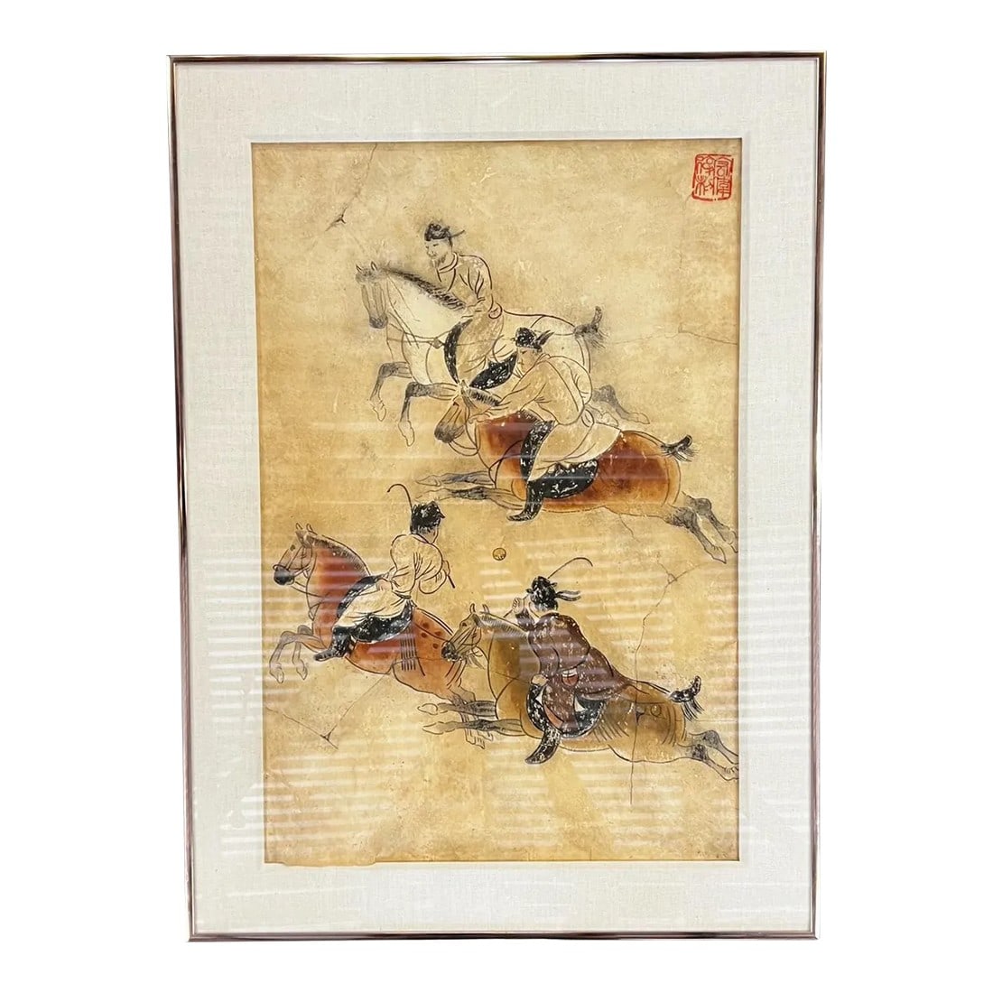 Chinese Tang Dynasty Polo Players Ink Wash Art on Handmade Paper: For your consideration a Chinese figurative ink wash painting after the Tang Dynasty fresco: The Mural of Playing Polo. Artwork appears as carbon, pastel on handmade paper. Polo Players Chinese Art In