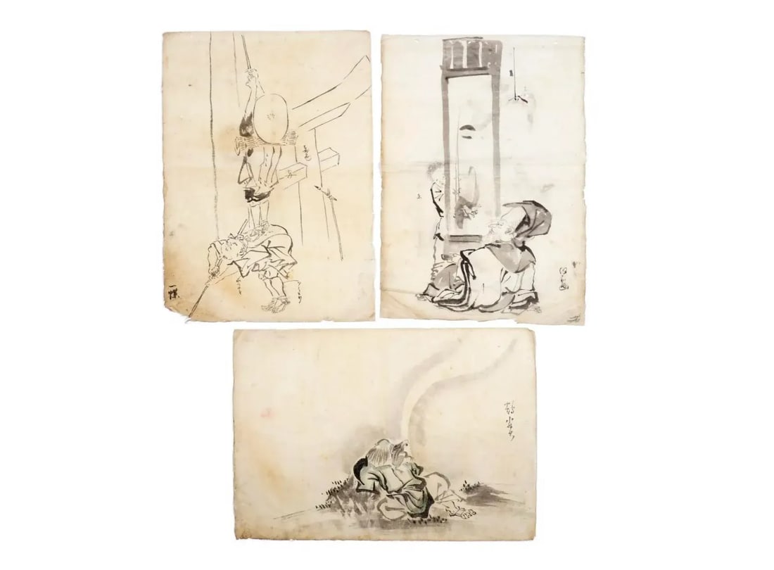 Set of Three Japanese Watercolors in the Manner of Hanabusa Itcho - 13