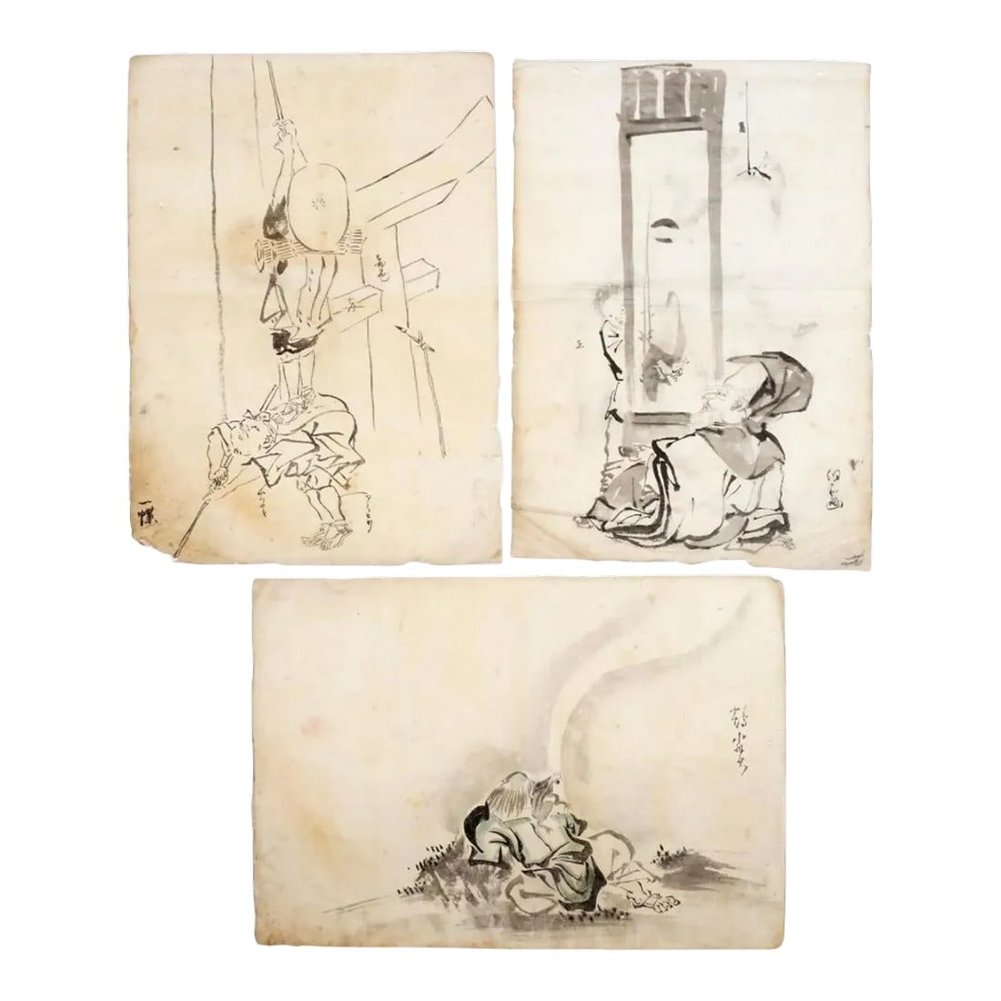 Set of Three Japanese Watercolors in the Manner of Hanabusa Itcho: Manner of ITCHO, Hanabusa, (Japanese, 1652-1724): Three watercolor and ink drawings on paper, to include: 1) Man seated with monkey , signed right side, 16.25" x 11.25". 2) Man standing on another hun