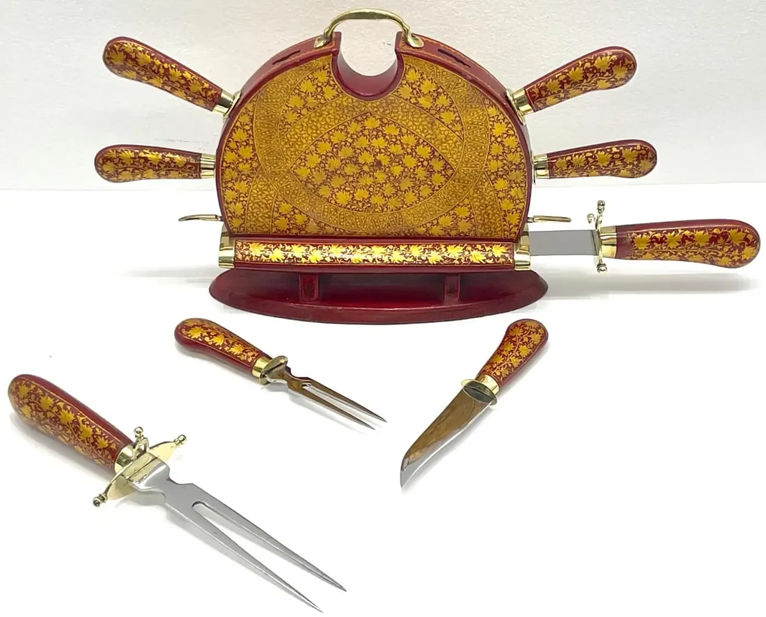 Mid 20th Century Anglo-Indian Red and Gilt Lacquer and Brass Carving Set - 12