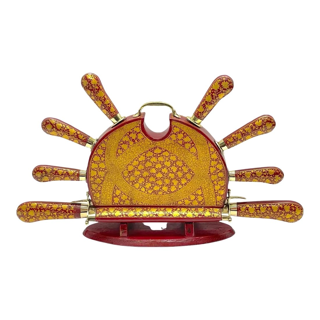 Mid 20th Century Anglo-Indian Red and Gilt Lacquer and Brass Carving Set: Anglo-Indian red and gilt lacquer and brass carving set India, for European market, Mid-20th Century A stunning work, a rich red lacquer background, profusely decorated with intricate gilt leaf, vine 