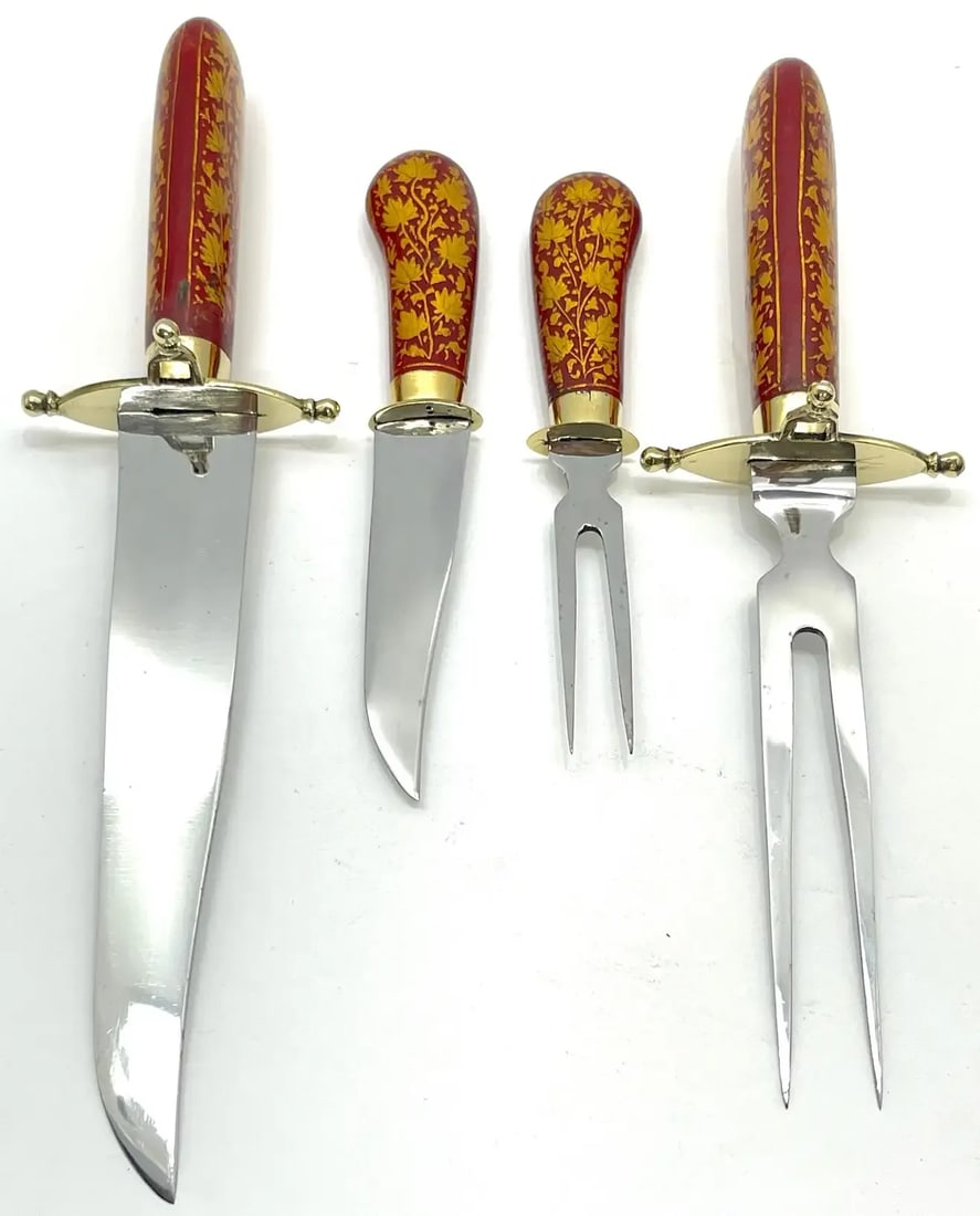 Mid 20th Century Anglo-Indian Red and Gilt Lacquer and Brass Carving Set - 6