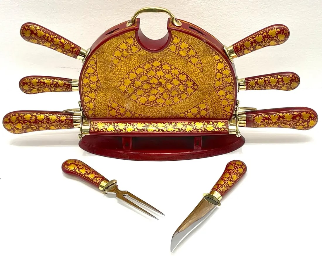 Mid 20th Century Anglo-Indian Red and Gilt Lacquer and Brass Carving Set - 8