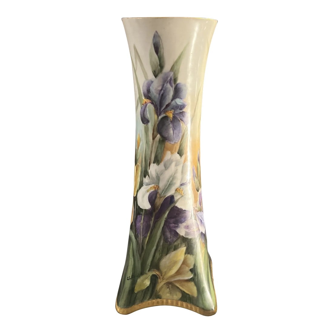 Early 20th Century Hand Painted German Bavaria Vase With Artist Signature: High quality porcelain vase with intricate hand painted floral detail. Rich colors of purple, green, and golden yellow with a sleek design. I really like the curves at bottom of vase trimmed with gold