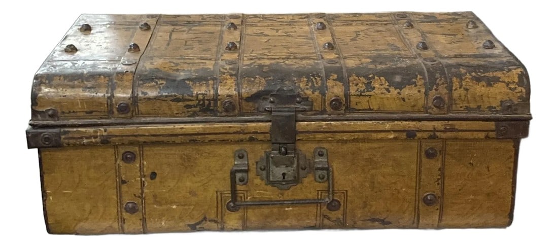 Early 20th Century Goldenrod Metal Luggage From India: This goldenrod color metal trunk from India is a true piece of nostalgia! This sturdy trunk with original paint has a wonderful patina to demonstrate its age, and is sturdy and structurally intact.