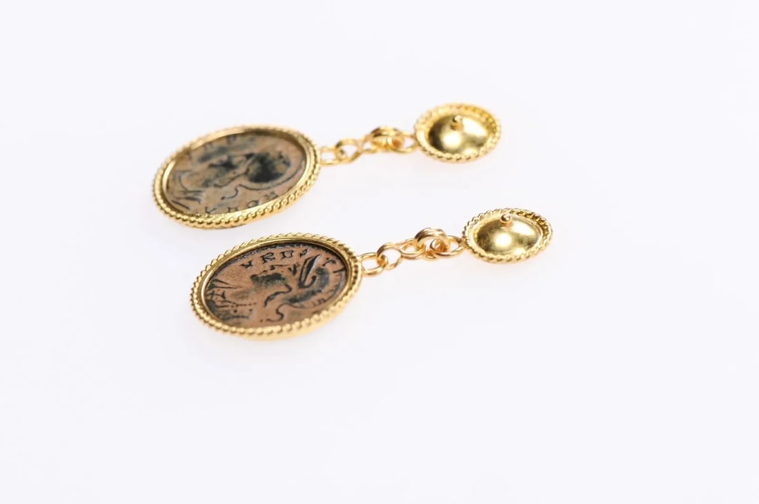 Antique Bronze Hellenistic Coin Earrings - A Pair - 10