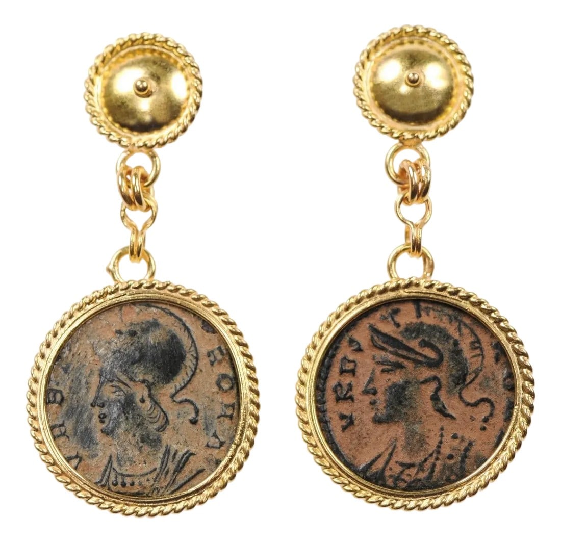 Antique Bronze Hellenistic Coin Earrings - A Pair: A pair of artisan created earrings from a pair of authentic bronze Hellenistic coins (circa 2nd century AD), which have each been set within 21 kt gold bezels with roped embellishment, dangling from r