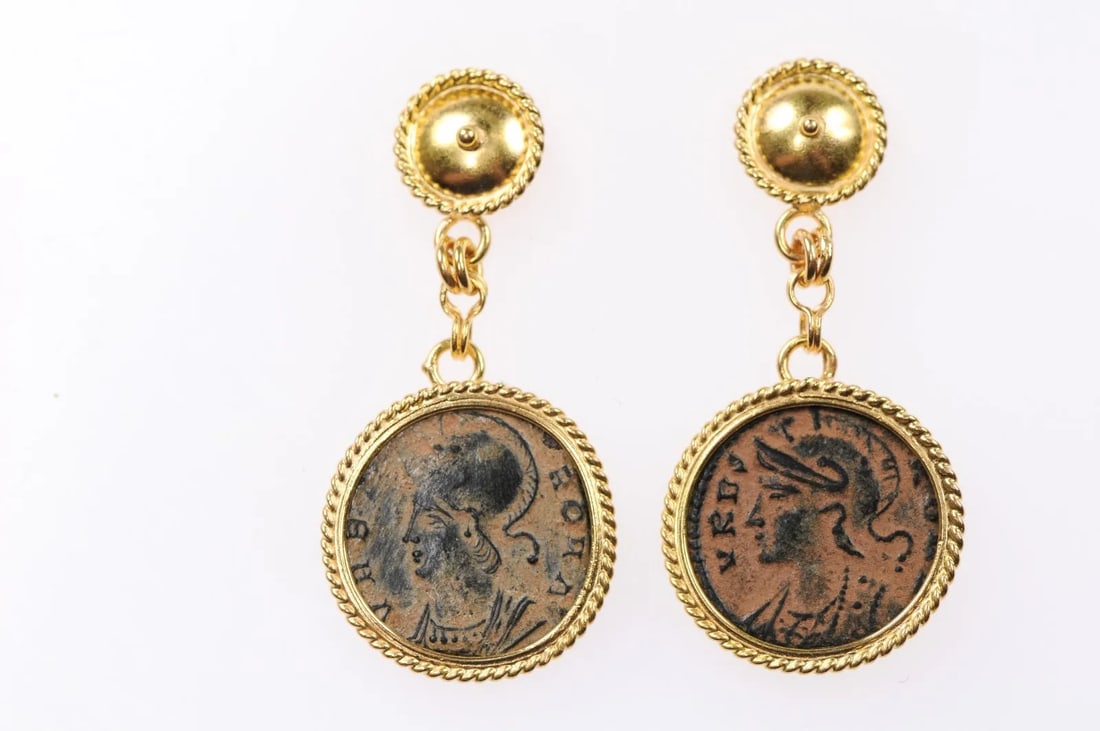 Antique Bronze Hellenistic Coin Earrings - A Pair - 2